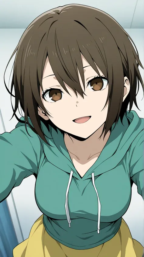 orihara kururi, durarara!!
High quality ,  best quality , masterpiece,  High Resolution ,,anatomically correct,,anime Coloring
solo, 1 girl,
1girl,brown hair,brown eyes,solo,hair between eyes,short hair, Medium breasts,wavy hair
, green hoodie,yellow skirt...