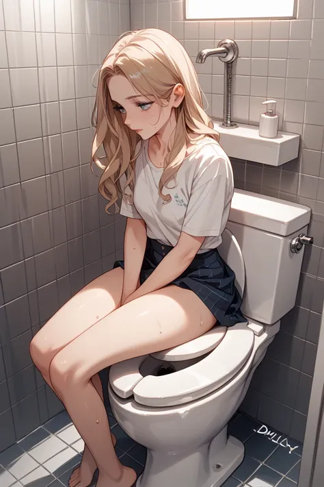 Girl suffering from diarrhea is sweaty in the toilet