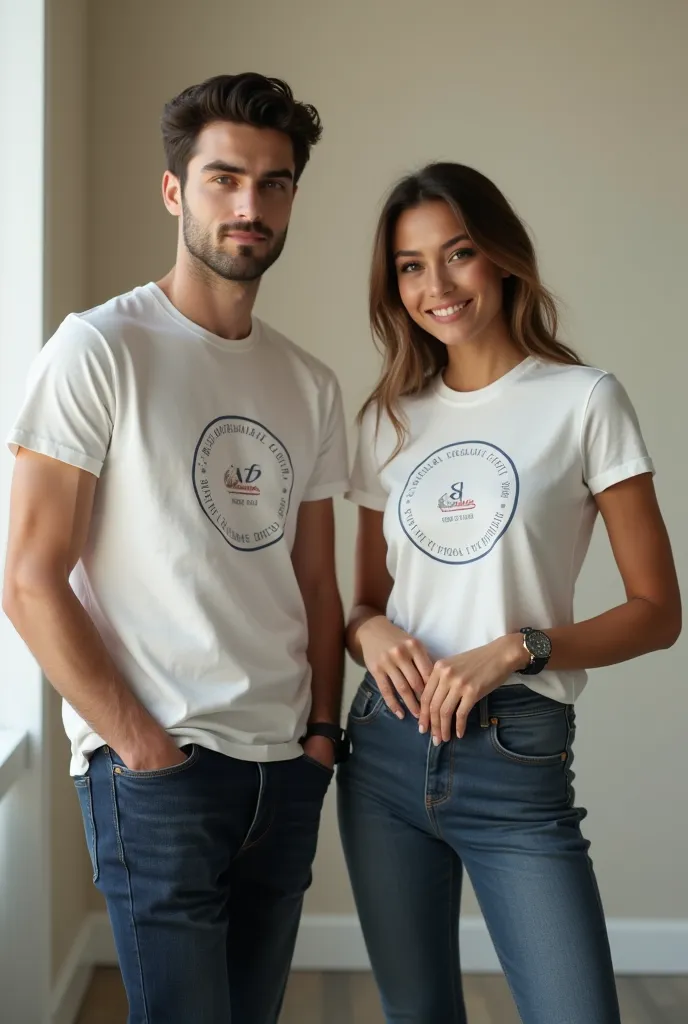 Promotional image of old-style uniform t-shirts worn by office-style male and female models, there is both front and back