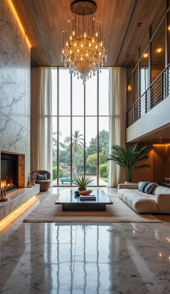 Une extravagante dans le manoir d'un milliardaire avec des fenêtres du sol au plafond donnant sur les toits de Los Angeles. L'espace est décoré avec des meubles design, une cheminée de marbre, hauts plafonds, lustres modernes, et un décor contemporain élég...