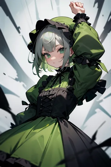   short gray hair, ,   model、details、Gothic Lolita、punk fashion、Headbang 2.、Green clothes、