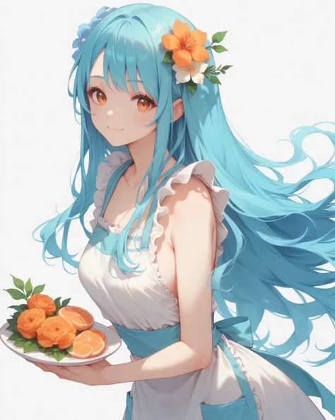 simple background, apron, cyan hair, long blue hair, solo, hair ornament, hair Flower, orange eyes, smile, closed mouth, ロックブーケ,