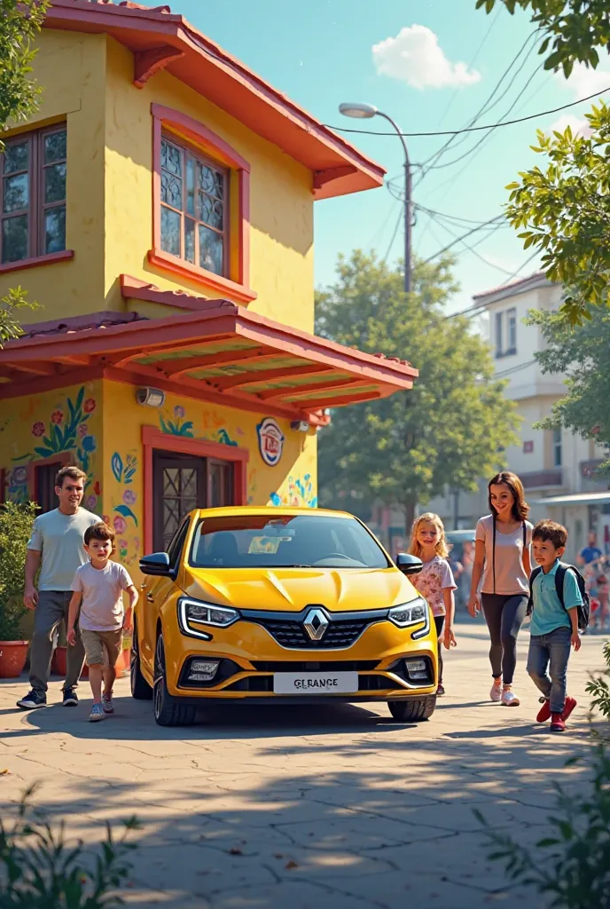 Fais une photo d’une Renault megane rs devant une crèche avec des parents et des enfants le matin 