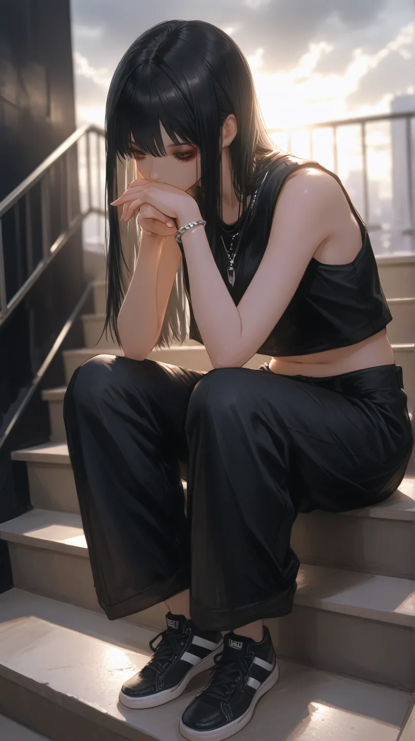 full body,Girl's Photograph、JapaneseGirl、cloudy sky、Blurred city background、Dry Asian vibe,beautiful black hair ,Long straight hair Bang,natural makeup,slender on the background, black vest,black plain wide pants,black plain sneakers ,Shoulder exposed,Arm ...