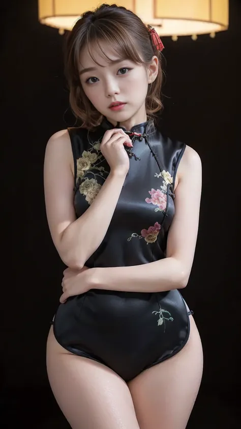 ( nsfw、 top quality, masterpiece, 16k, very detailed 、 beautiful skin , professional lighting ) 、black background、black background、cute chinese dress、 black china dress、cute girl、((())) 、small breasts、  stands and poses、(((black cheongsam、black cheongsam、b...