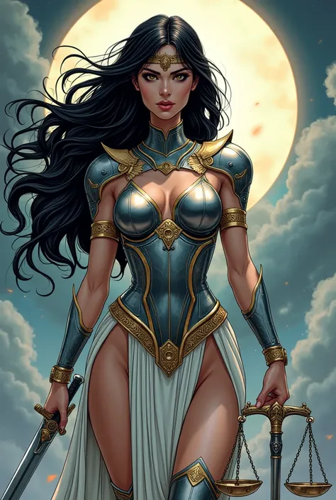 A manga-style character inspired by the Greek goddess Nemesis. She is depicted with flowing dark hair, wearing a sleek, elegant armor that resembles ancient Greek design. Her eyes glow with intensity, embodying justice and vengeance. She holds a pair of sc...