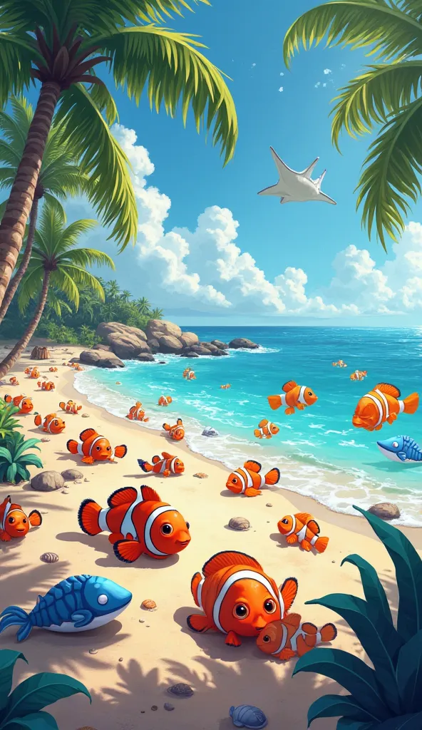  Generate a picture on the topic: fish sunbathe on the beach