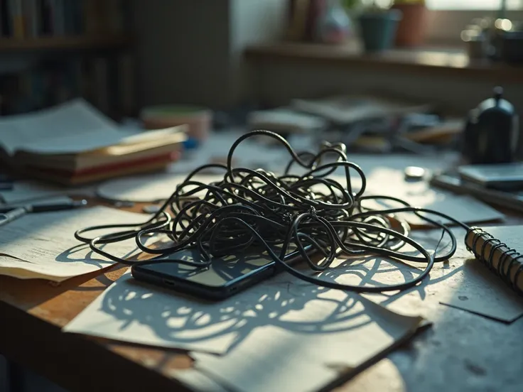 A tangled phone charger on a messy table, storytelling composition, high detail, cinematic lighting, 8K --ar 16:9