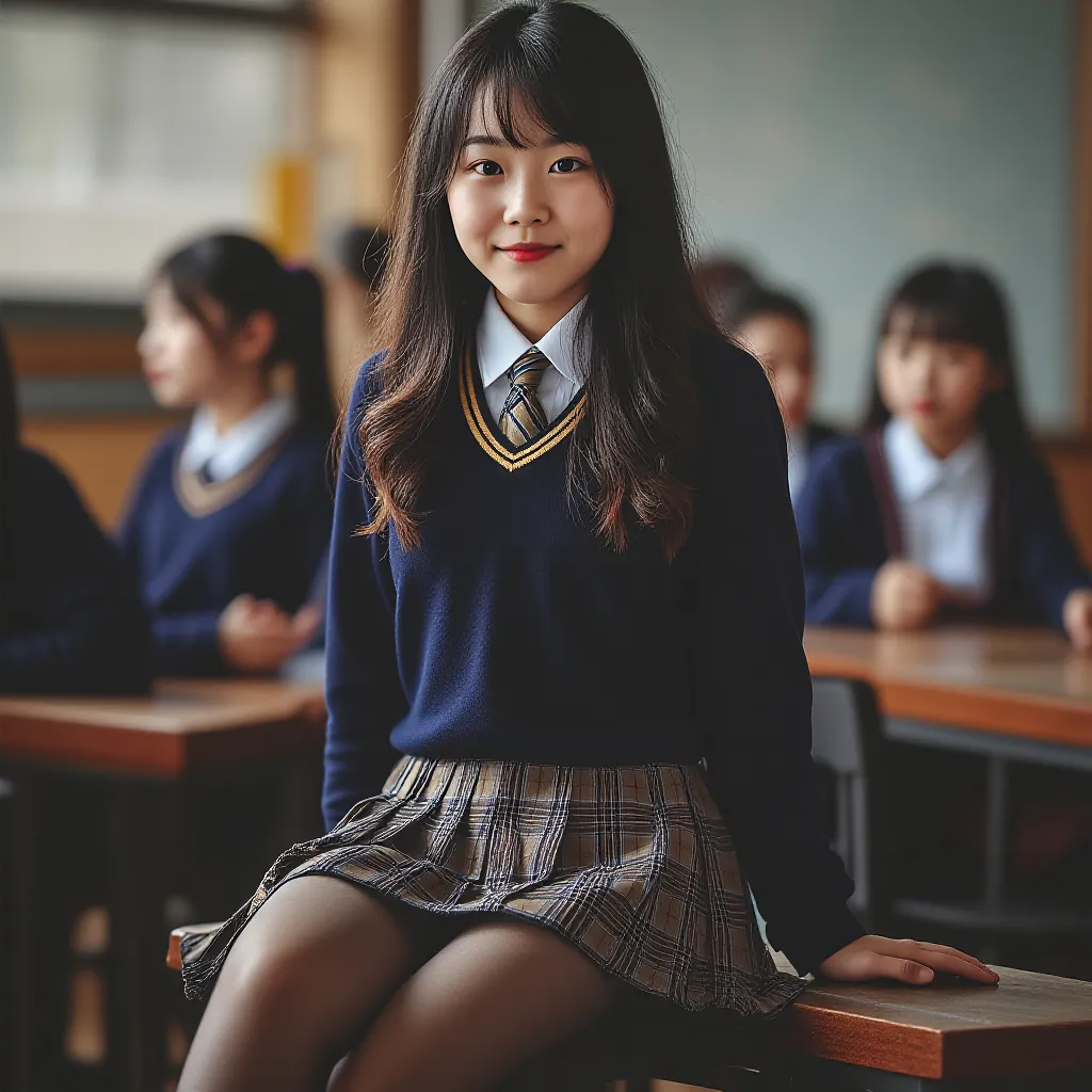 A Chinese schoolgirl sitting in a classroom, wearing a navy blue V-neck sweater with yellow and white striped trim, a white button-up shirt with a neatly tucked-in collar, and a black tie with subtle diagonal stripes. She wears a dark navy and beige plaid ...