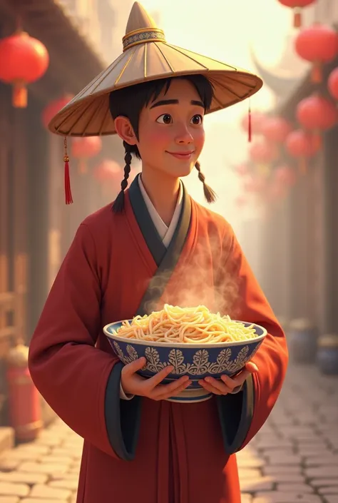 Animated image of a Chinese Hui man carrying a bowl of rice noodles，The focus is on the Hui people，Wear an iconic Hui hat