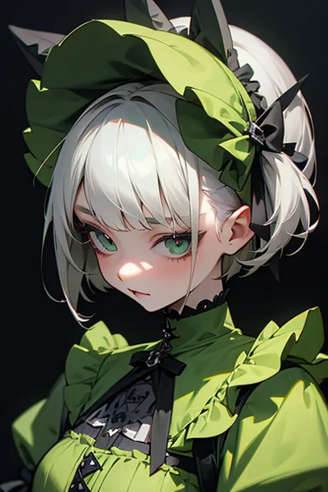    short grey hair, ,    model、details、Gothic Lolita、punk fashion、Headbang 2.、Green clothes、