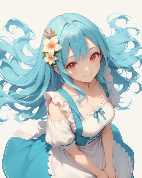 simple background, apron, cyan hair, long blue hair, solo, hair ornament, hair Flower, orange eyes, smile, closed mouth, ロックブーケ, from above,