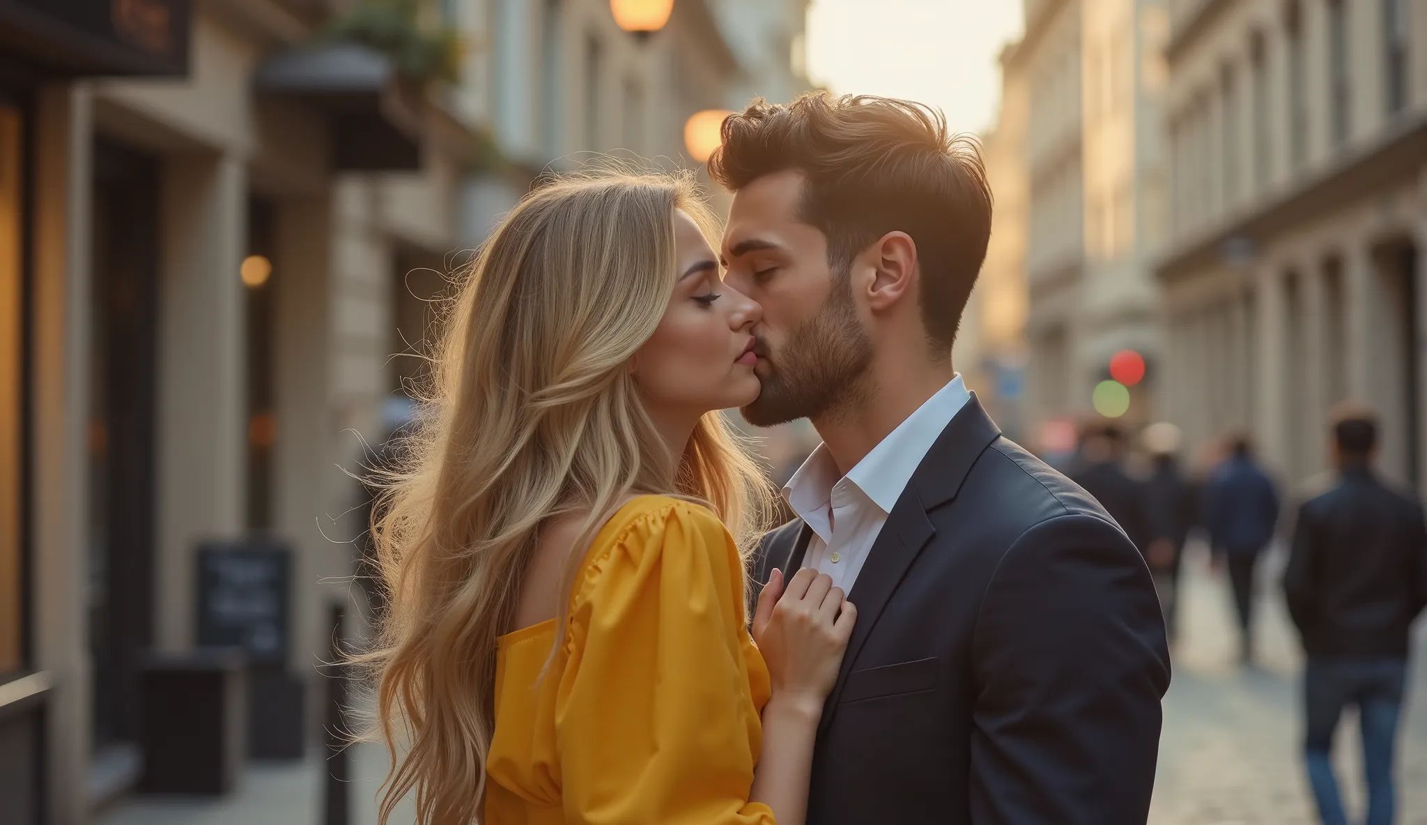 a girl in a yellow dress is hugging and kissing a tall, handsome guy of 35 years old, he has athletic figure, dark short hair, and is wearing a suit. The girl looks fantastic, she is very beautiful. She has long blond hair and big brown eyes, plump lips. t...