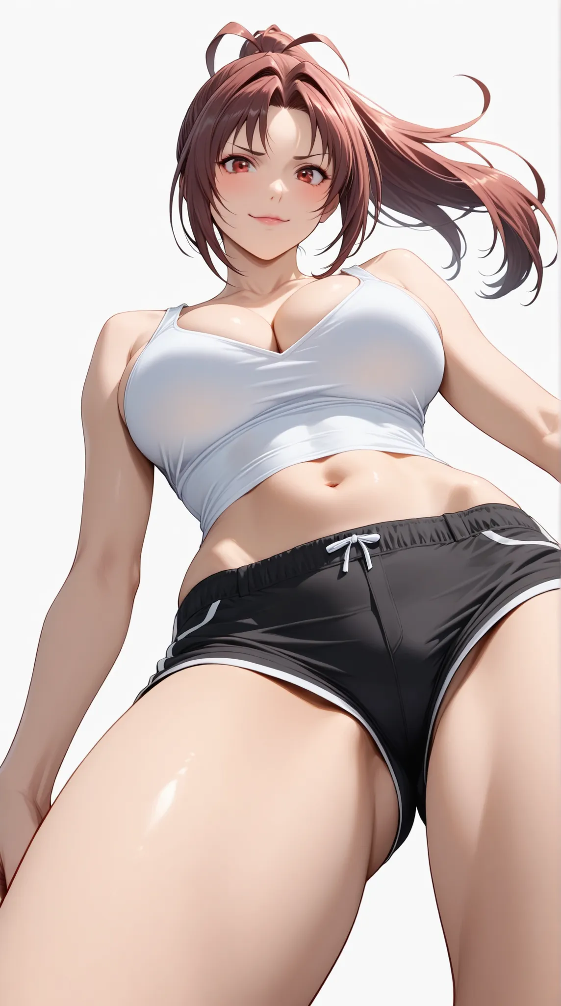 mai shiranui, girlish face,ponytail hair,long hair,adult women,white tanktop,black shorts,large breasts,sexy thighs,slim body,cleavage, navel, soft light, high detailed,anime, best quality, upper body,below view,((white plain background))