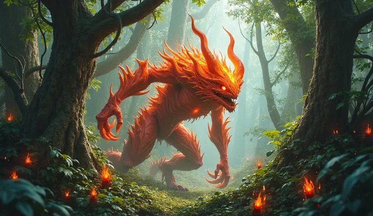 (photorealism:1.2), thick dense and twisted tangled jungle thicket full of chaos with a scattering of jagged fire-spirit crystals harshly jutting out in several places, there is a vicious fire crystal-demon-like-creature in the background clawing at a tree