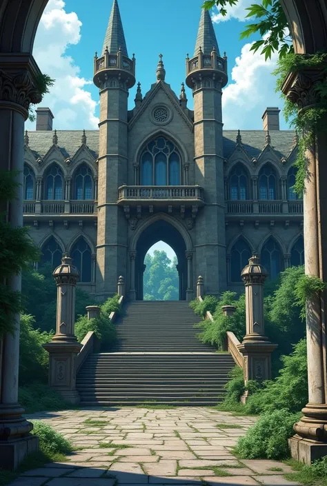 Anime style: Abandoned Gothic School. The main construction is enormous, with a Gothic style that makes it seem even more decadent.  The entrance is impressive : a wide staircase worn by For years it leads to a stone arch carved with ancient inscriptions t...