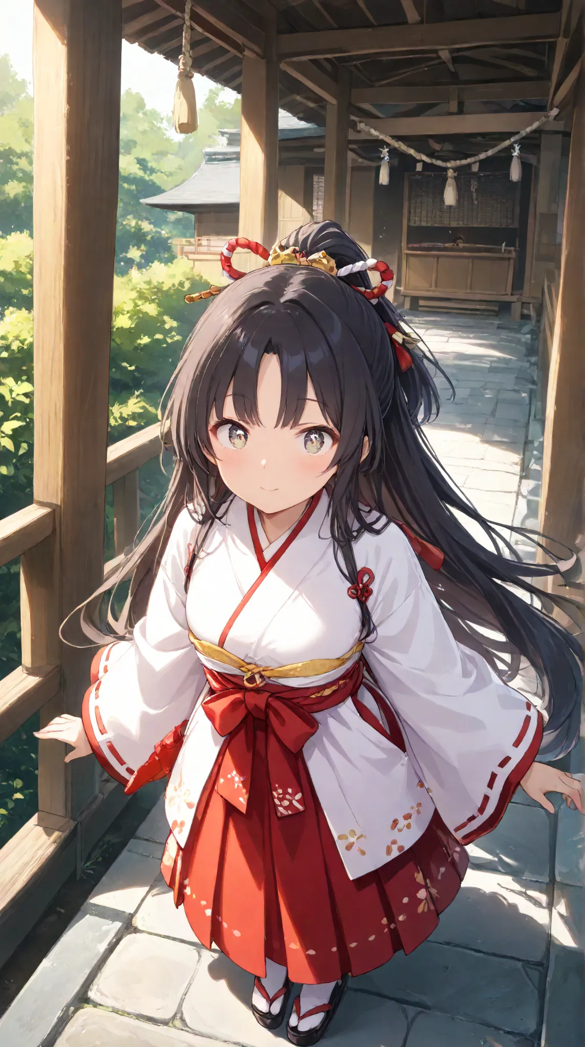 masterpiece,large breasts, long hair, (Black Hair 1.5) , bangs, （1 girl 1.5）,big eyes, Hair Ornaments , 18 years old、Bust Focus、viewer，full body，,,cheerful,
、Shinto shrine、Shrine maiden