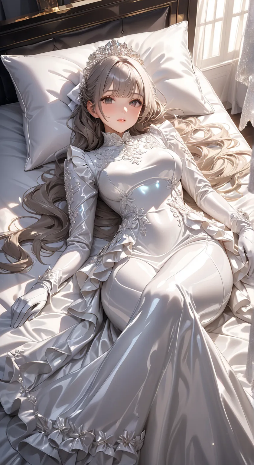 portrait、god々Shining light、Photo taken from the front 、( masterpiece,highest quality, Ultra High Resolution ),highly detailed CG,Japanese woman,((beautiful face)),((Long-sleeved long dress made of shiny white rubber))、((The dress has a simple design withou...