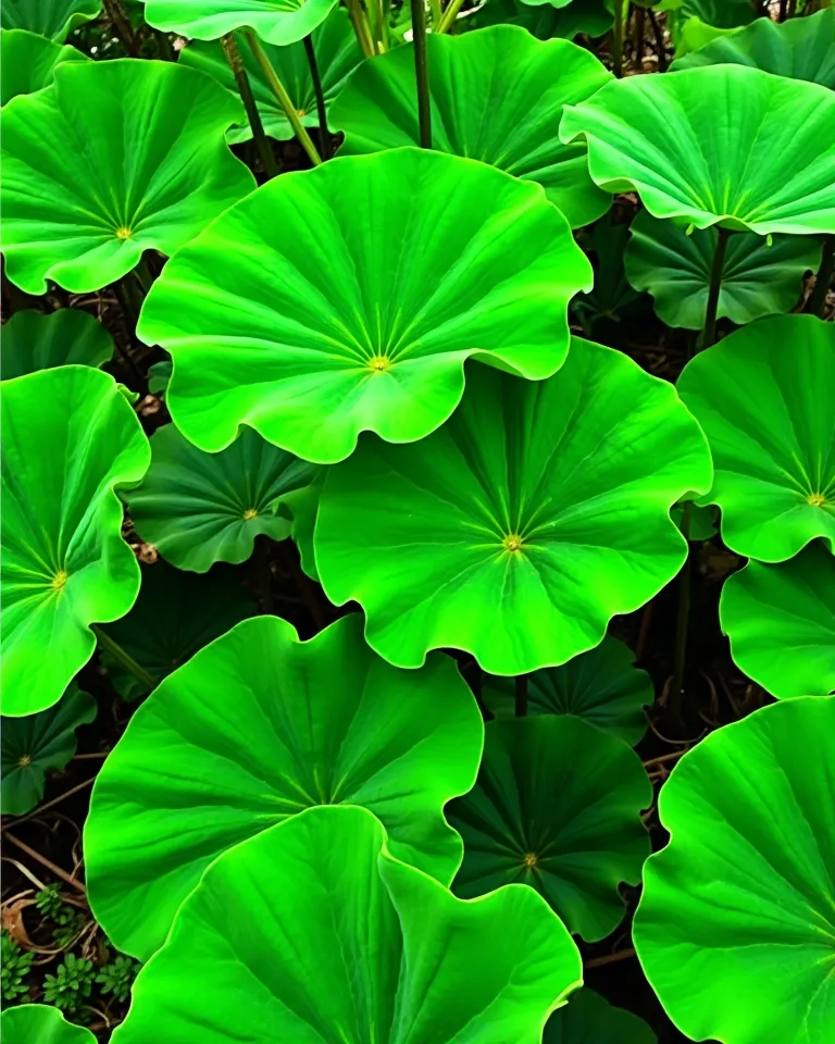 A cluster of large, vibrant green leaves, resembling taro or elephant ear plants, fills the image.  The leaves are various sizes and shapes, with prominent veins, creating a dense and lush appearance.  The leaves overlap and fill the frame from the bottom ...