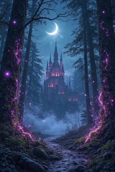 A mystic midnight scene under a pitch-black sky, where the crescent moon casts a silver glow over an ancient forest. Tall, shadowy trees are intertwined with glowing, magical vines pulsating with hues of purple and blue. The air sparkles with floating orbs...