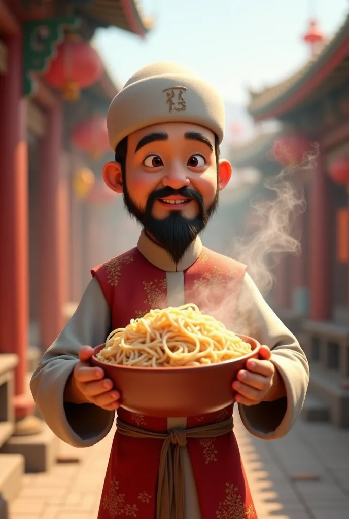 Animated image of a Chinese Hui man carrying a bowl of rice noodles，The focus is on the Hui people，Wear an iconic Hui hat，The Hui people are white hats