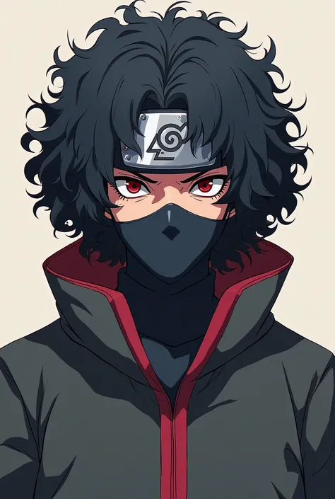 Dessin en 2D d'un personnage qui porte un masque Anbu dans naruto avec des cheveux curly noir, debout et vue de face