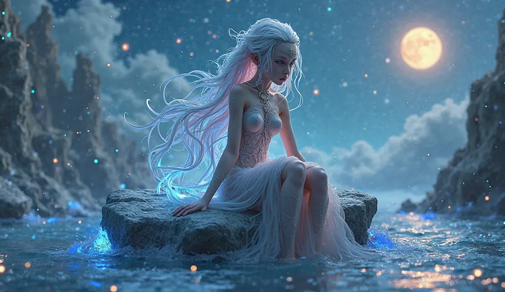 Visualize an alien girl perched gracefully on a floating rock in a vibrant, alien ocean. She has skin that resembles the surface of a pearl, with a soft, iridescent glow. Her hair is long and flowing, resembling strands of liquid metal that catch the light...