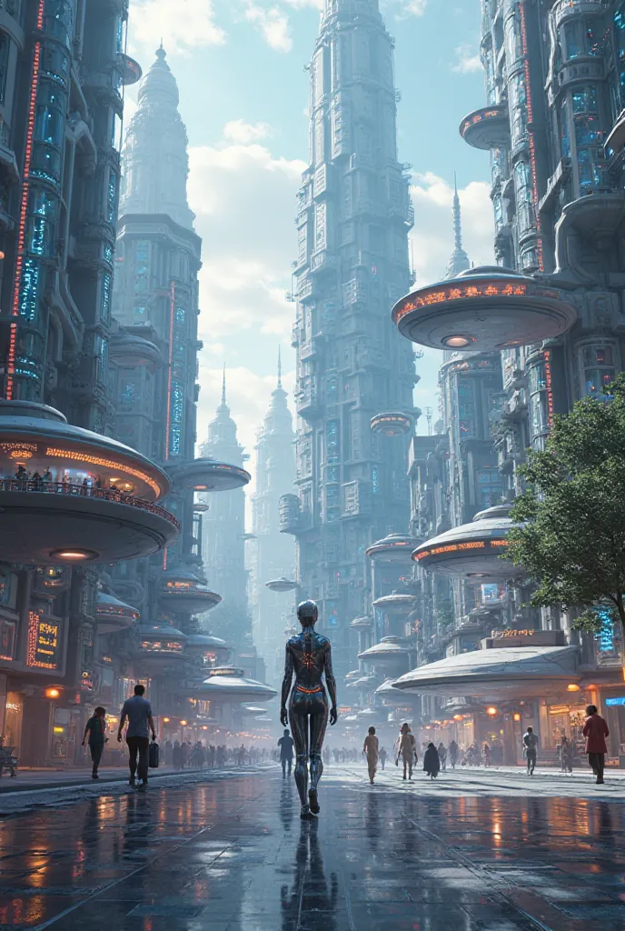 A breathtaking futuristic city where AI and humans coexist in a utopian digital civilization."