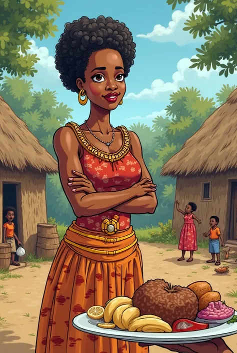 creates an image in the style of a ren's cartoon about an African woman refusing food with lots of sugar and fat in her village