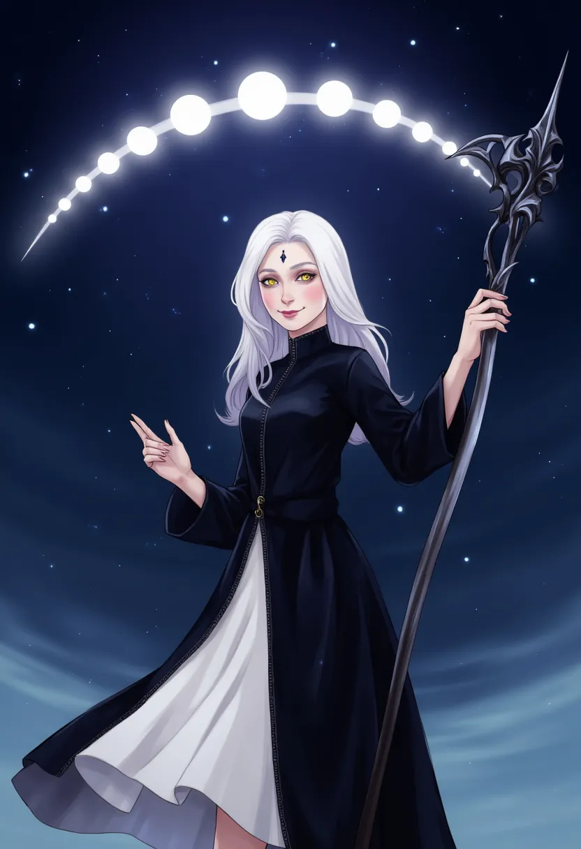 （high quality、masterpiece、detailed、normal body）（（A beautiful girl with a death scythe in her right hand:1.4、Executioners、grim Reaper、She has silver hair that is dyed black towards the tips.、Golden eyes emit a mysterious light））、Wearing a mysterious black r...