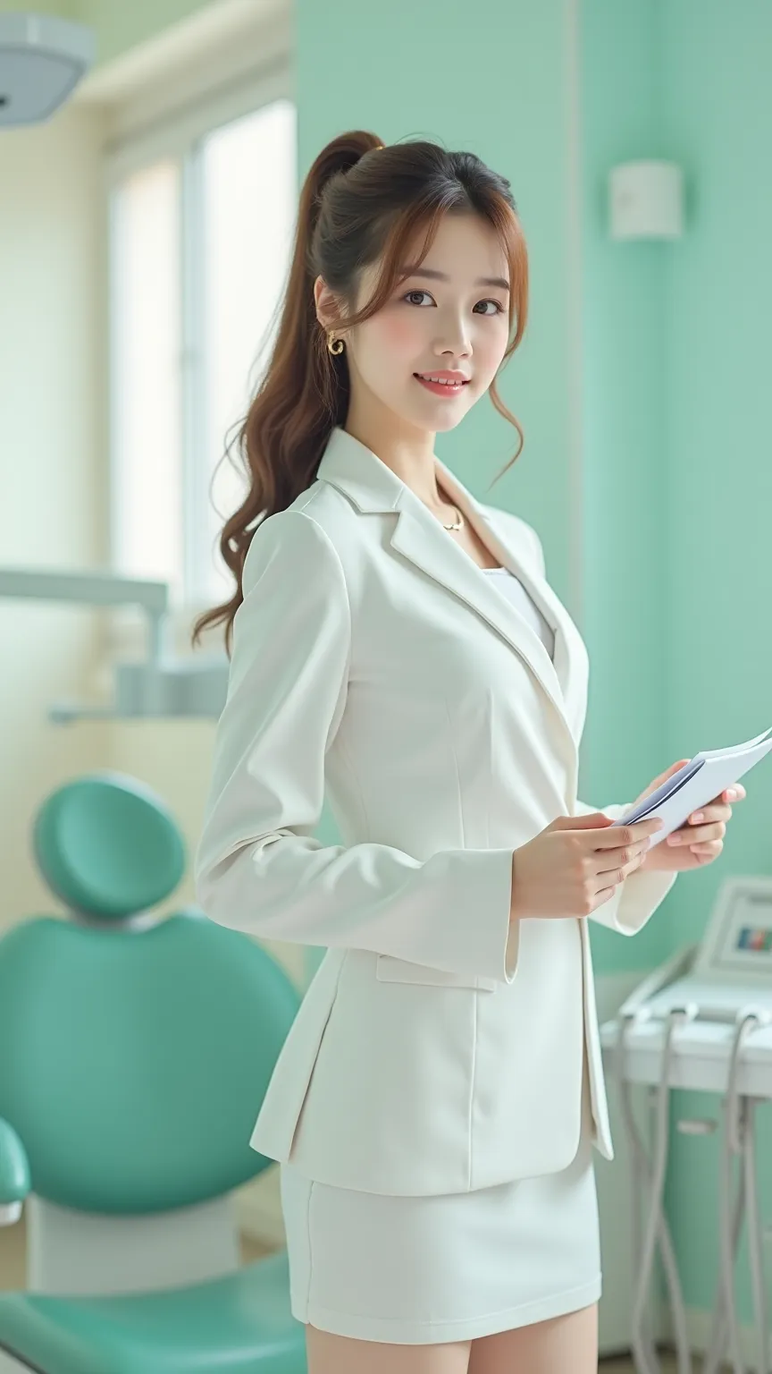 Korean girl,brown eyes,Chubby cheeks,brown hair, long hair,One-sided ponytail,wearing a white suit,knee-length white skirt,secondaryเท้าสีแดง,Standing Pose,Holding documents,secondary,highres,detailed,photorealistic,Studio photo,elaborately designed, high ...