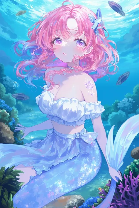 (EyesHD:1.2), masterpiece, best quality, ultra-detailed,

1girl,(((pink short hair,blue and pink eyes))),mermaid,
(((full body shot))),in water,
brilliant view,fish,(((coral,coral leaf))),sunlight,beautiful blue sea,beauty sea view,
