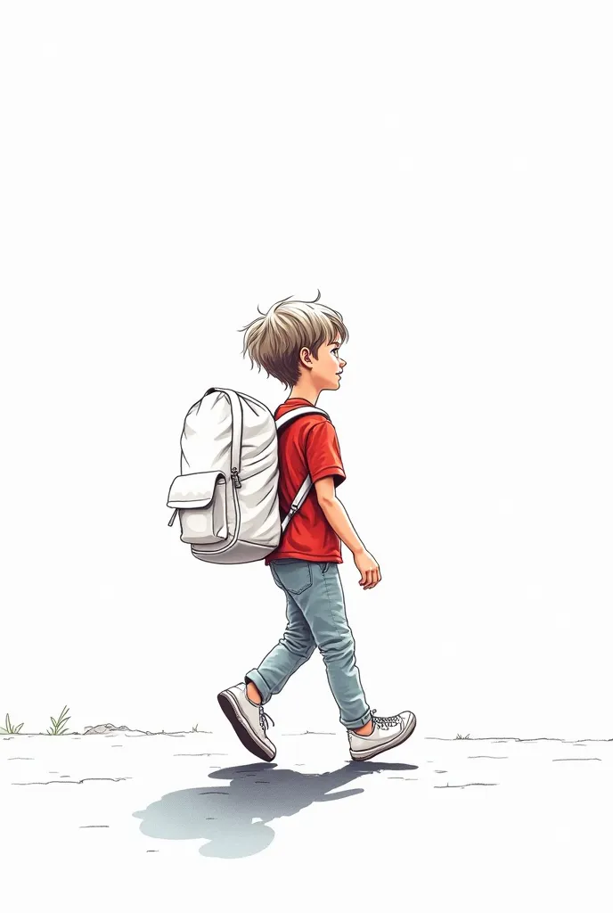 A colorful line art style drawing with a wealth of detail in high quality of the young Carlo Accutis, walking on an asphalt road, in perspective going to the sky, floating towards the sky, with a white backpack on his back, he is wearing a red t-shirt, thi...