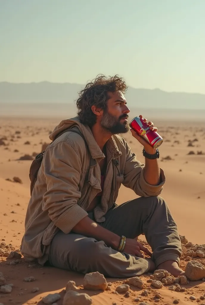 A man sits in the desert and eats Red Bull