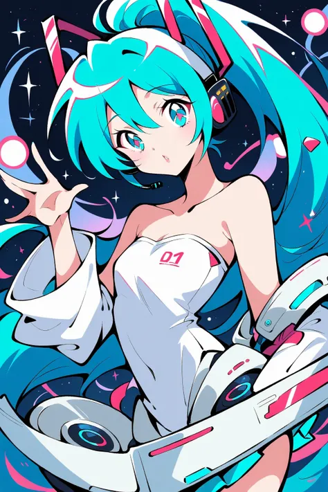 (has the best quality, sketch:1.2),practical, illustration designer  ,cunning，  mealioff  ,1 girl,   Hatsune Miku  ， delicate lips , hand， strapless， Neon long hair  ,  high ponytail green  ，  masterpiece,  This style is very retro, DJ.Emphasize outlines、s...