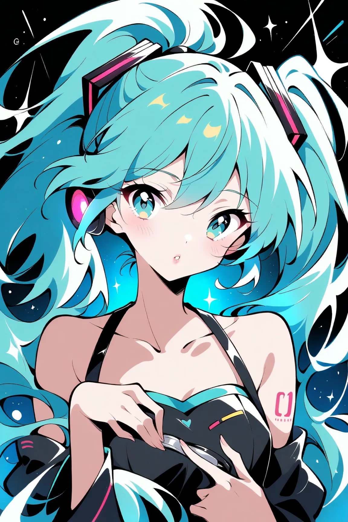 (has the best quality, sketch:1.2),practical, illustration designer  ,cunning，  mealioff  ,1 girl,   Hatsune Miku  ， delicate lips , hand， strapless， Neon long hair  ,  high ponytail green  ，  masterpiece,  This style is very retro, DJ.Emphasize outlines、s...