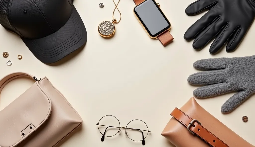 A flat lay of stylish accessories on a #e2dad7 use this color code for background , featuring a locket, a pair of ring, a gold and black cap, a pair of hand gloves in grey or black color, round glasses with a thin metal frame, a leather pet belt in brown c...