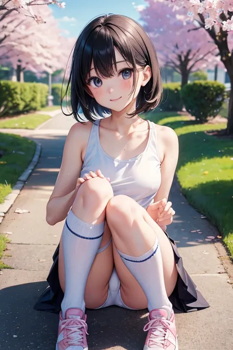 ((8k,greatest masterpiece,realistic images,Japanese,Perfect human anatomy,Body balance,Detailed hand and foot counts,Complete Proximity,  girl )),from before, innocent face,is a smiling face, gentle eyes,ish, beautiful feet,Sweat, short white tank top ,sho...