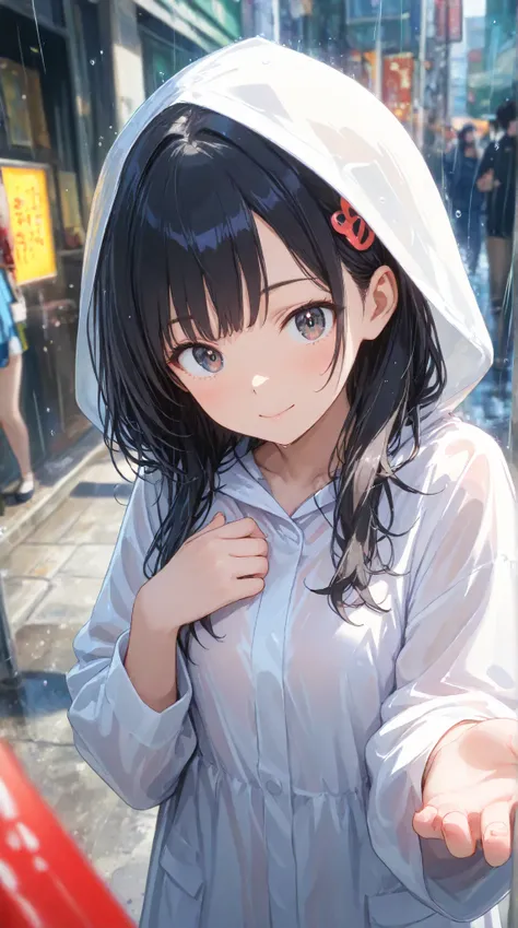 masterpiece,large breasts, long hair, (Black Hair 1.5) , bangs, （1 girl 1.5）,big eyes, Hair Ornaments , 18 years old、Bust Focus、viewer，full body,,cheerful, raincoat、rain