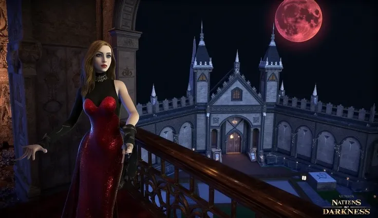  A woman stands on the balcony of the castle，A castle with a view of a blood moon and darkness