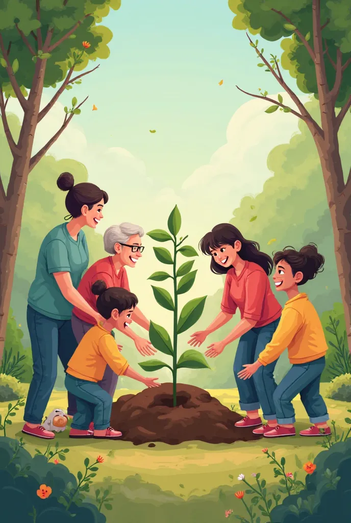 People helping each other plant a tree. Cartoon