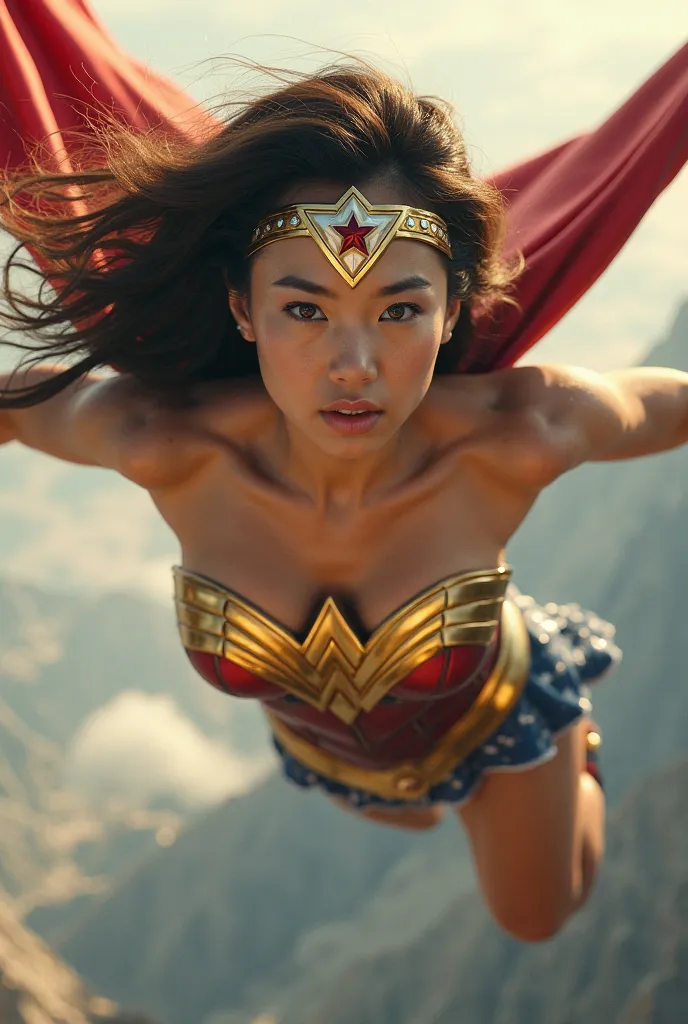 live-action、 Wonder Woman is Japanese 、brown hair
Wonder Woman flying with a serious expression,  ultra realistic style  