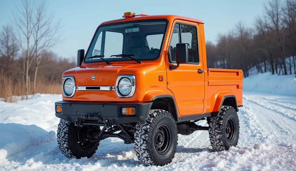 "A compact, bright orange mini truck with off-road tires parked on a snowy road. The vehicle has a modern, boxy design with a single cab and an open flatbed. The headlights are large and rectangular, with chrome accents on the front grille. The truck is li...