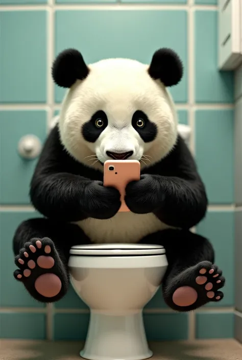 Panda looking at phone in toilet