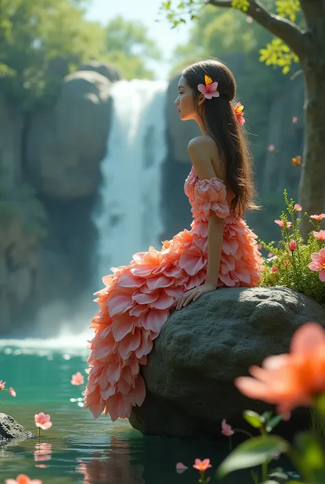 Photorealistic Images encourage structure: create a photorealistic image of a beautiful  girl sitting atop a magnificent rock formation in the water, with a waterfall in the background. Her detailed hairstyle should be adorned with miniature butterflies an...