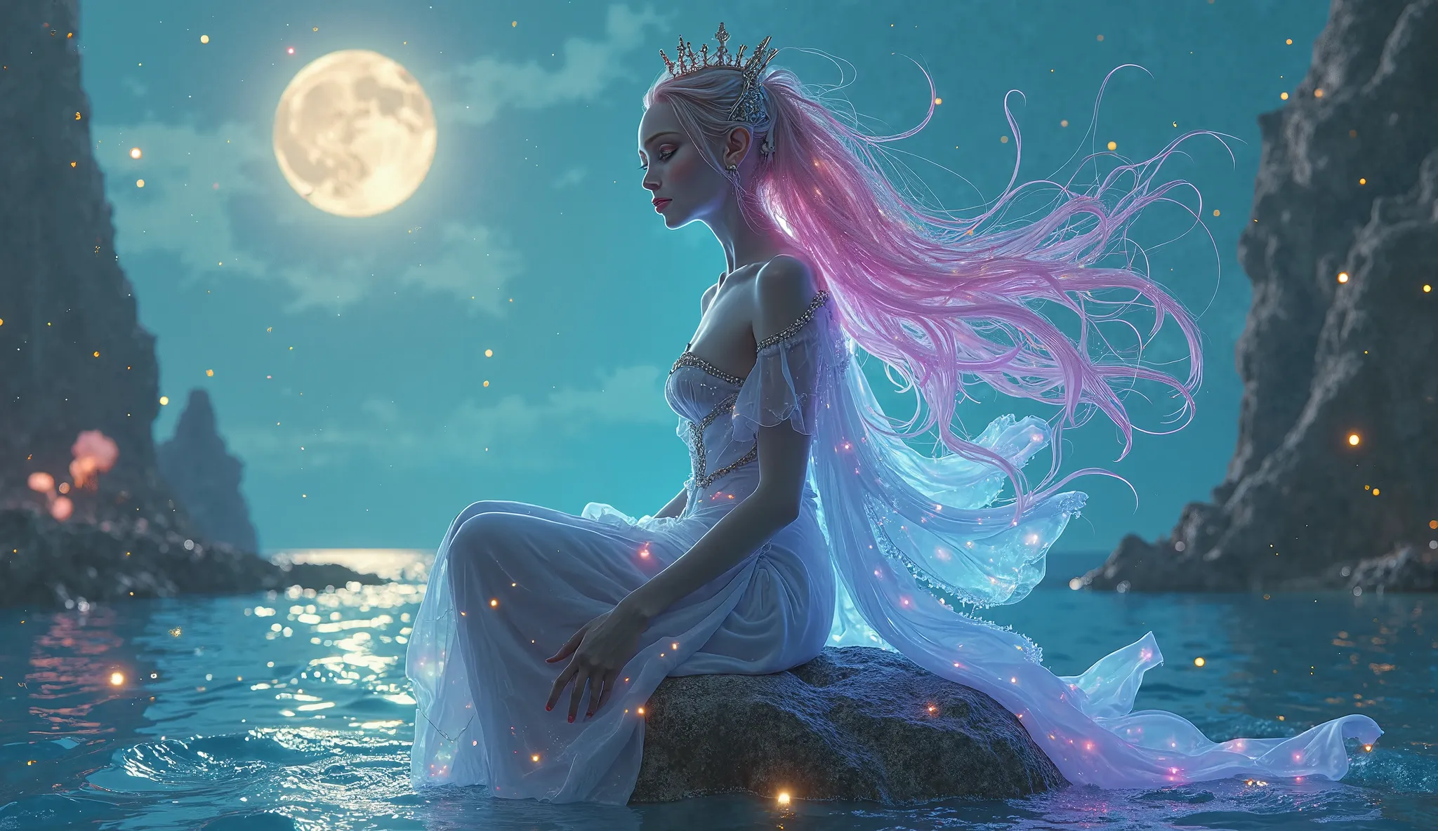 Visualize an alien girl perched gracefully on a floating rock in a vibrant, alien ocean. She has skin that resembles the surface of a pearl, with a soft, iridescent glow. Her hair is long and flowing, resembling strands of liquid metal that catch the light...