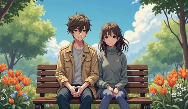 Alex (beige jacket, calm) and stranger the female (gray sweater, slightly disheveled) both are now seated on the wooden bench, not too close to each other, both with little smile, vibrant flowers and blue sky, park setting.