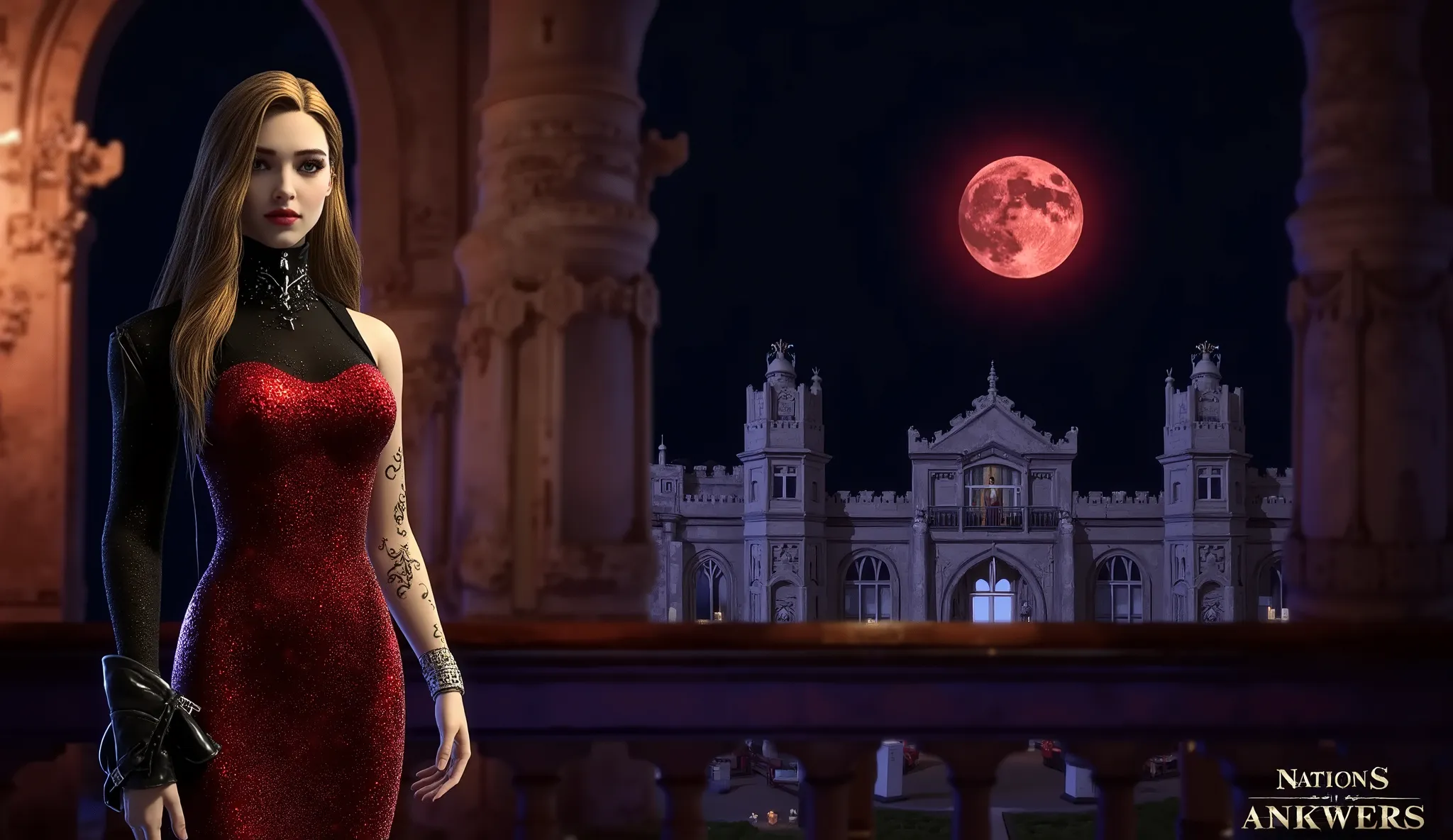  A woman stands on the balcony of the castle，A castle with a view of a blood moon and darkness