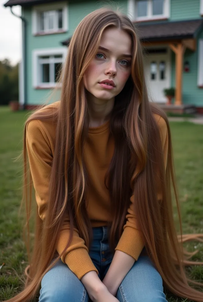 arafed girl with long hair sitting in front of a house, an album cover inspired by Grytė Pintukaitė, tumblr, realism, with long hair, she is about 1 , 1 , ekaterina, anna nikonova aka newmilky, anastasia ovchinnikova, 18 years old