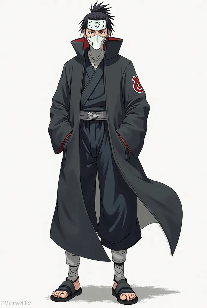 Dessin en 2D d'un personnage masculin de gabarie normale qui porte le masque des Anbu dans Naruto avec des cheveux  noir, debout, vue de face, on voit les mains et les pieds 